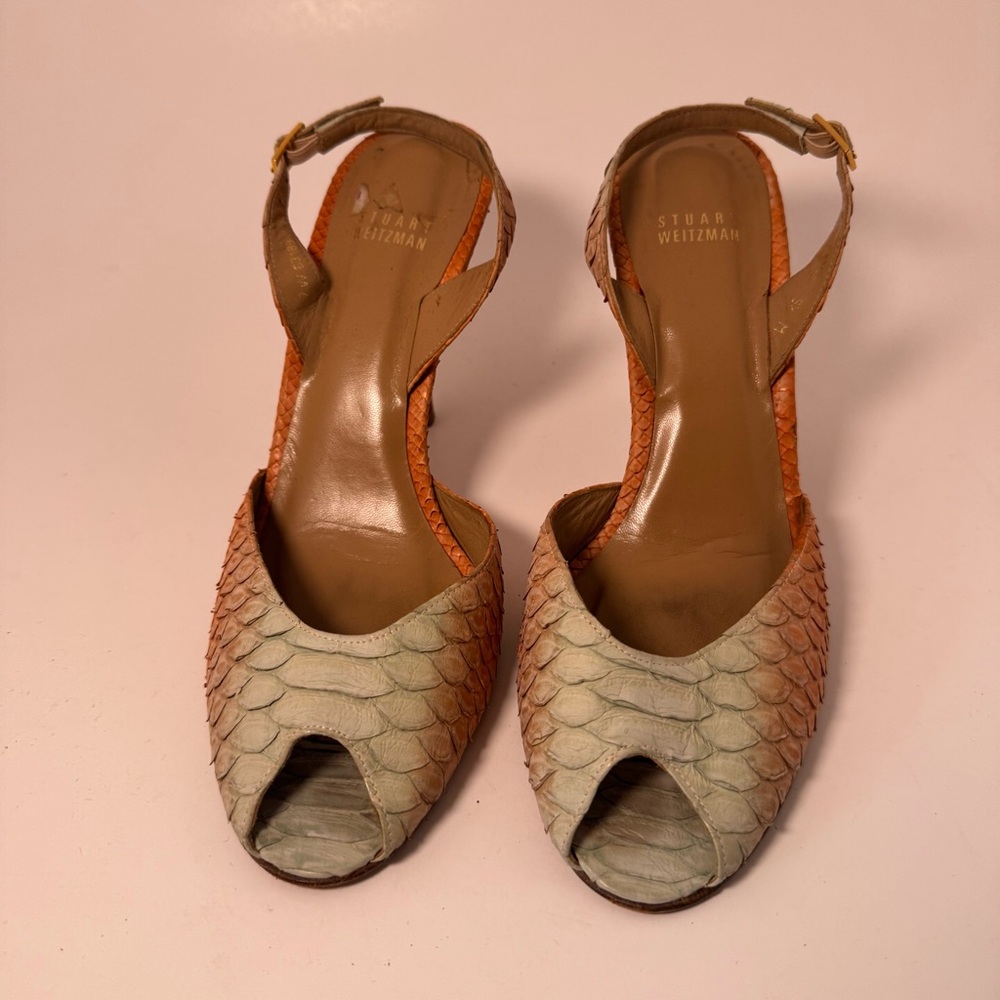 Stuart Weitzman Peep Toe Heels - Mint snd Orange Python